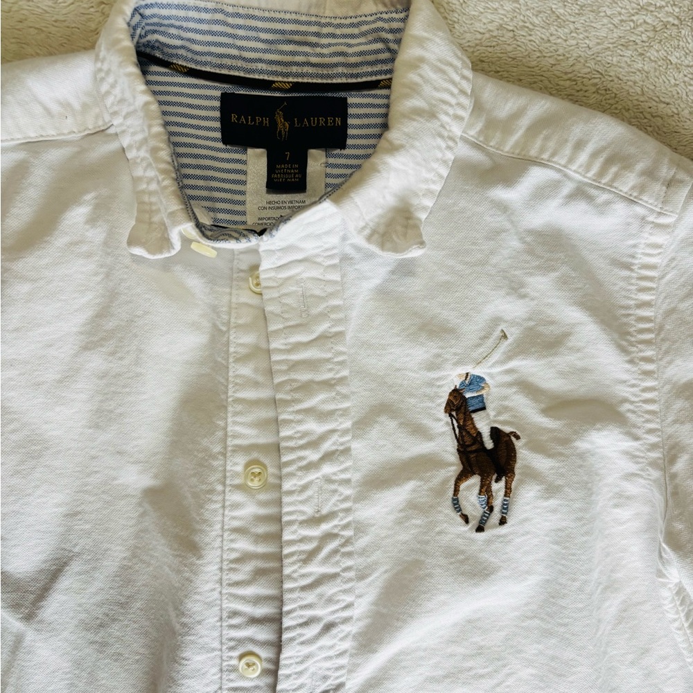 Ralph Lauren White Button-Down Shirt with Brown & Light Blue Polo Embroidery